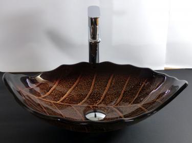 Aufsatz Glas Waschschale oval Blattform braun 