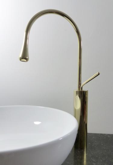Hohe Design Armatur für große Aufsatz Waschbecken gold 