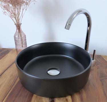 Waschtisch Komplettset Aufsatzwaschbecken 36cm schwarz matt +Siphon +Armatur Chrom 