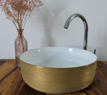 Design Keramik Waschbecken weiß / Gold gebürstet rund 36cm 