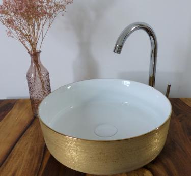 Design Keramik Waschbecken weiß / Gold gebürstet rund 36cm 