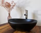 Waschtisch Set Keramik Aufsatz Waschbecken schwarz matt oval +Siphon +Armatur Chrom 