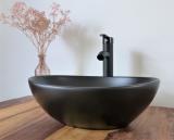 Waschtisch Set Keramik Aufsatz Waschbecken schwarz matt oval +Siphon +Armatur 