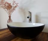 Waschtisch Set Keramik Aufsatz Waschbecken schwarz weiß oval +Siphon +Armatur Chrom 