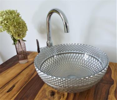 Design Aufsatz Glas Waschbecken Kristall silber rund 