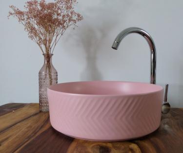 Retro Struktur Keramik Waschbecken rund Vintage 36cm pastell rosa 